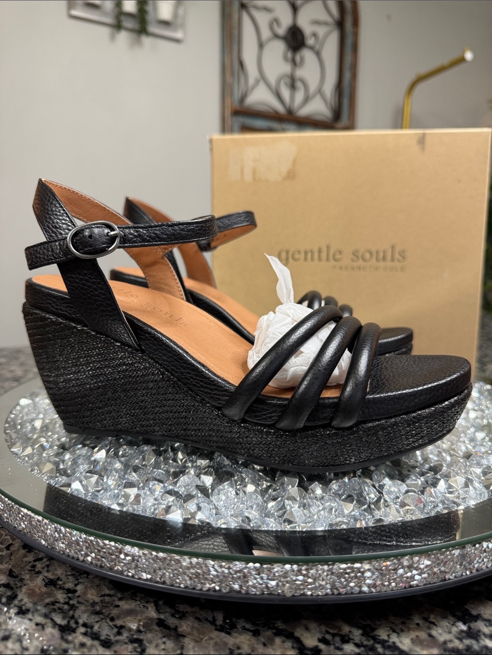 gentle souls Black leather Strappy Wedge Sandals with ankle strap NEW 8